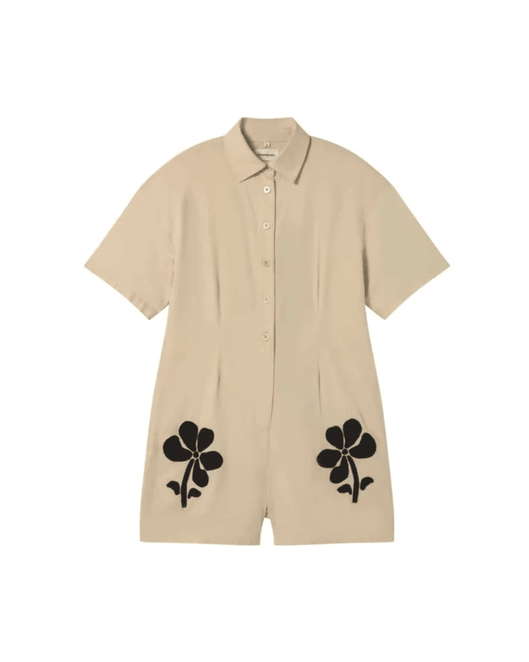 Beige short-sleeve collared romper with black flower embroidery on both legs, button-front closure.