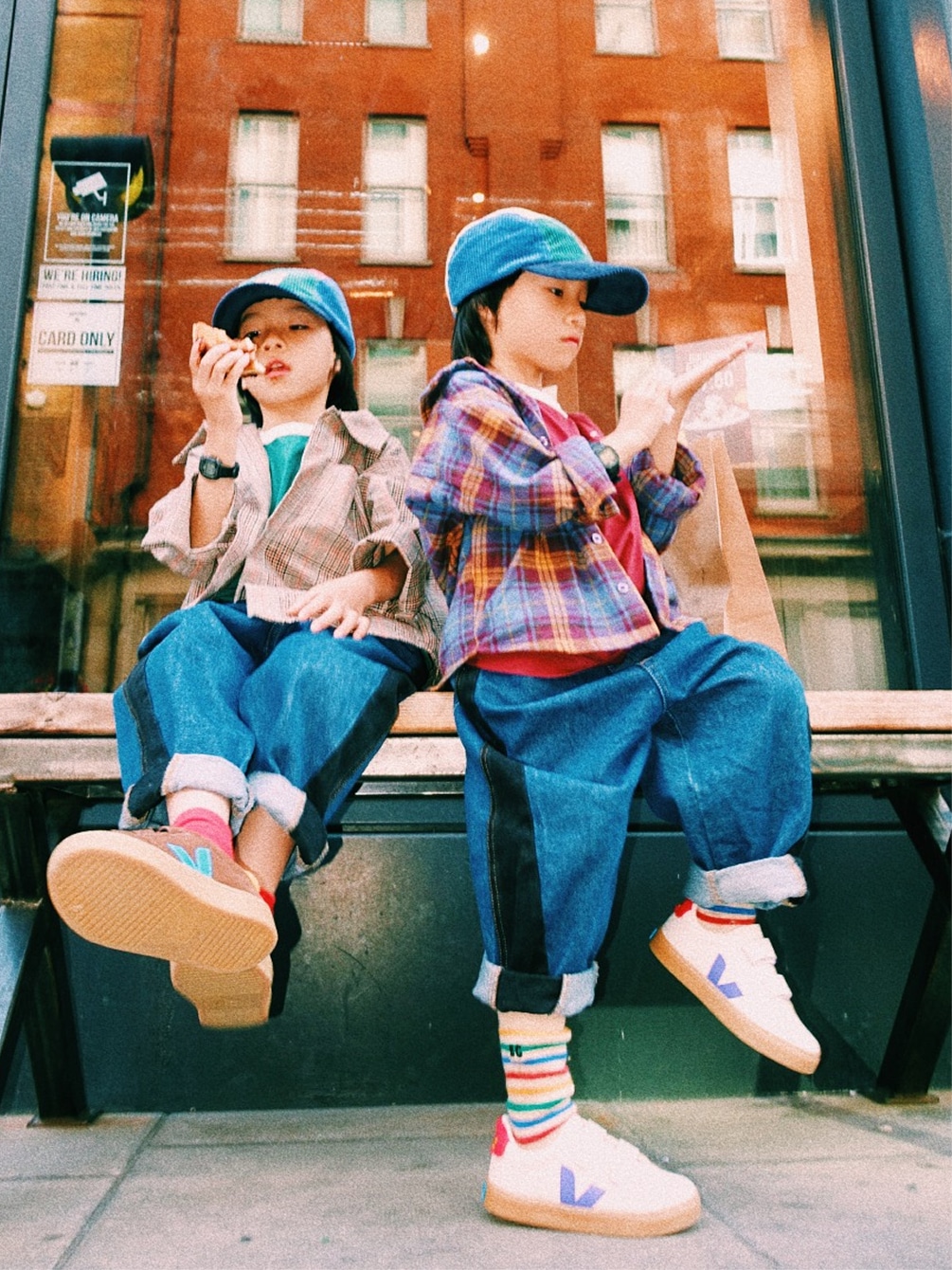 two young boys wearing blue caps and VEJA x JELLYMALLOW collaboration sneakers