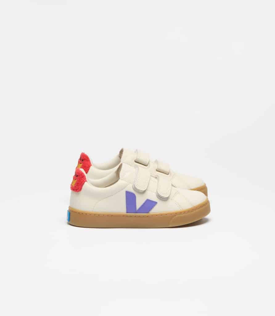 VEJA x Jelly Mallow Sugar Pop kids' trainers in off-white with a purple V logo and contrasting red heel.