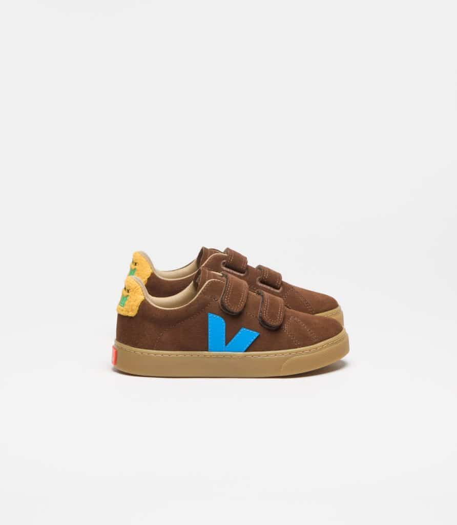 VEJA x Jelly Mallow Choco Dream kids' trainers in brown suede with a blue V logo and fluffy heel detail.